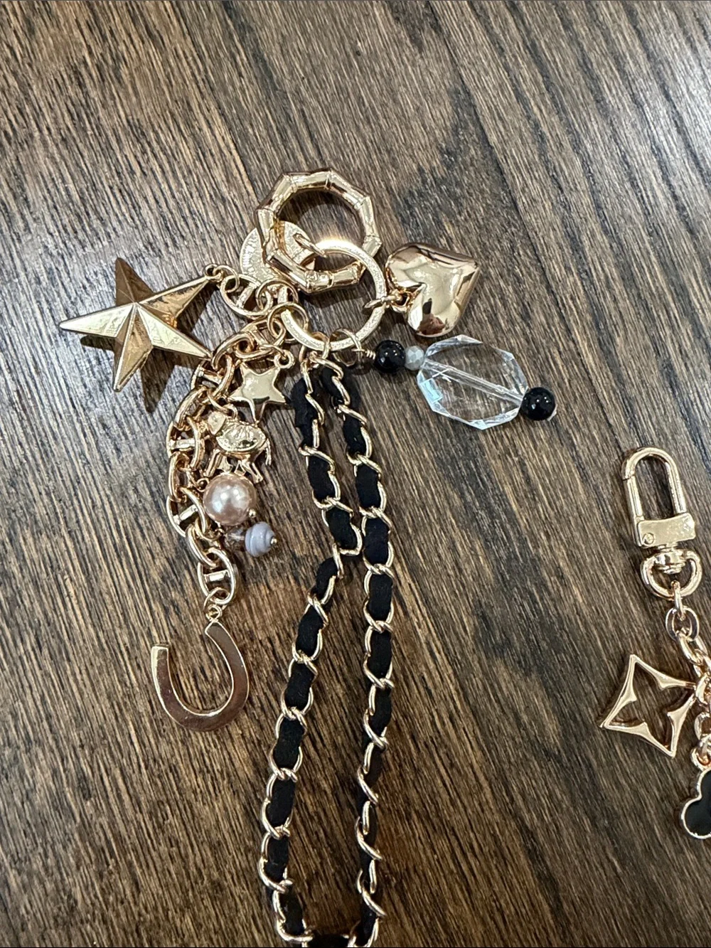Set of 2 bag charms- Gold and Black Charm Keychain with Star & Flower Accents